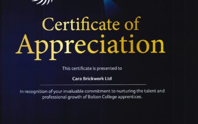 Cara Brickwork is thrilled to be recognised by @boltoncollege with a Certificate of Appreciation for our dedication to nurturing talent and fostering the professional growth of their apprentices.