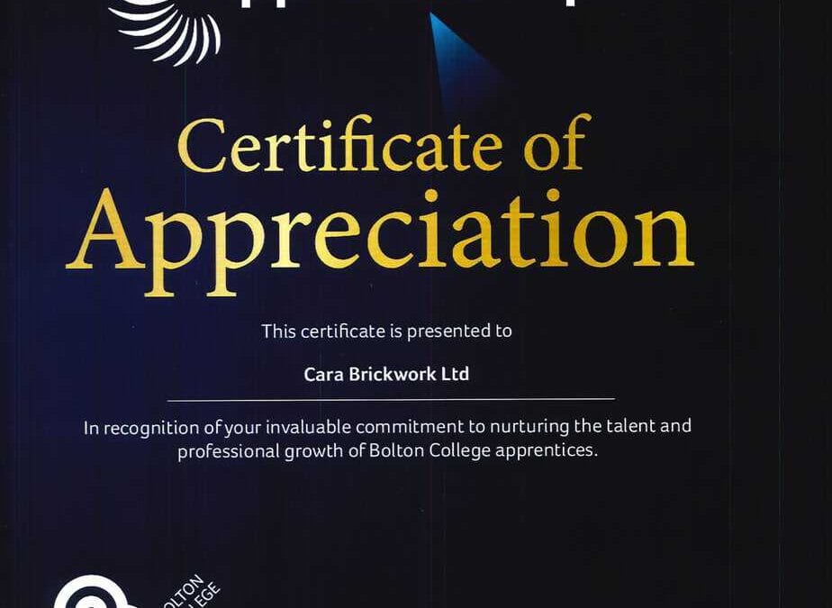 Cara Brickwork is thrilled to be recognised by @boltoncollege with a Certificate of Appreciation for our dedication to nurturing talent and fostering the professional growth of their apprentices.